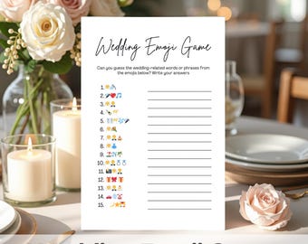May include: A white Wedding Emoji Game card with a list of emojis and lines for answers. The card is on a table with flowers, candles, and a rose. The text "Wedding Emoji Game" is at the top and bottom of the card.