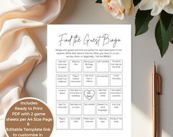 Può includere: Un gioco di nozze stampabile, "Find the Guest Bingo", su sfondo bianco. Il gioco include una griglia di suggerimenti da completare per gli ospiti. Il testo "Find the Guest Bingo" è in alto. Include un PDF pronto per la stampa e un link al modello modificabile.