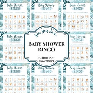 May include: A collection of baby shower bingo cards with a sea-themed design. Each card features a grid of baby-related icons and the words "Baby Shower BINGO". The central image reads "Sea You Soon" and "BABY SHOWER BINGO".