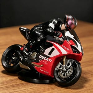 May include: A miniature Ducati Corse V2 motorcycle figurine in red, white, and black, featuring a rider in a black leather racing suit and helmet. The motorcycle displays the text Ducati Corse and V2 on its side, mounted on a black base.