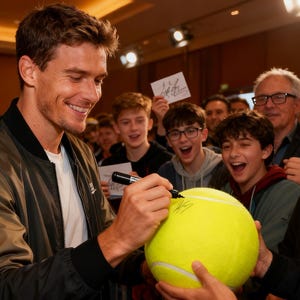 Puede incluir: Un hombre con una chaqueta bomber negra y verde oliva firma una gran pelota de tenis amarilla con un rotulador negro. Una multitud de personas, incluidos adolescentes emocionados, observa la firma.