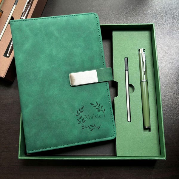 Custom Engraved Vegan Leather Notebook with Pen, Engraved Diary, New Job Gift, End Of Year Thank You Gift, Birthday Gift, Personalized Gift