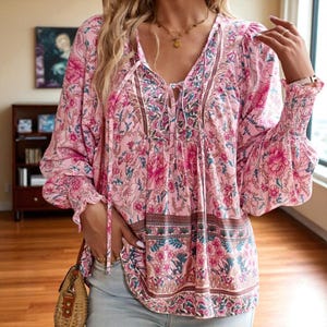 Women&#39;s Long Sleeve Blouse | Floral Boho Print Tops | Stylish Clothing | Casual Loose Floral Blouses |  Shirts And Blouses