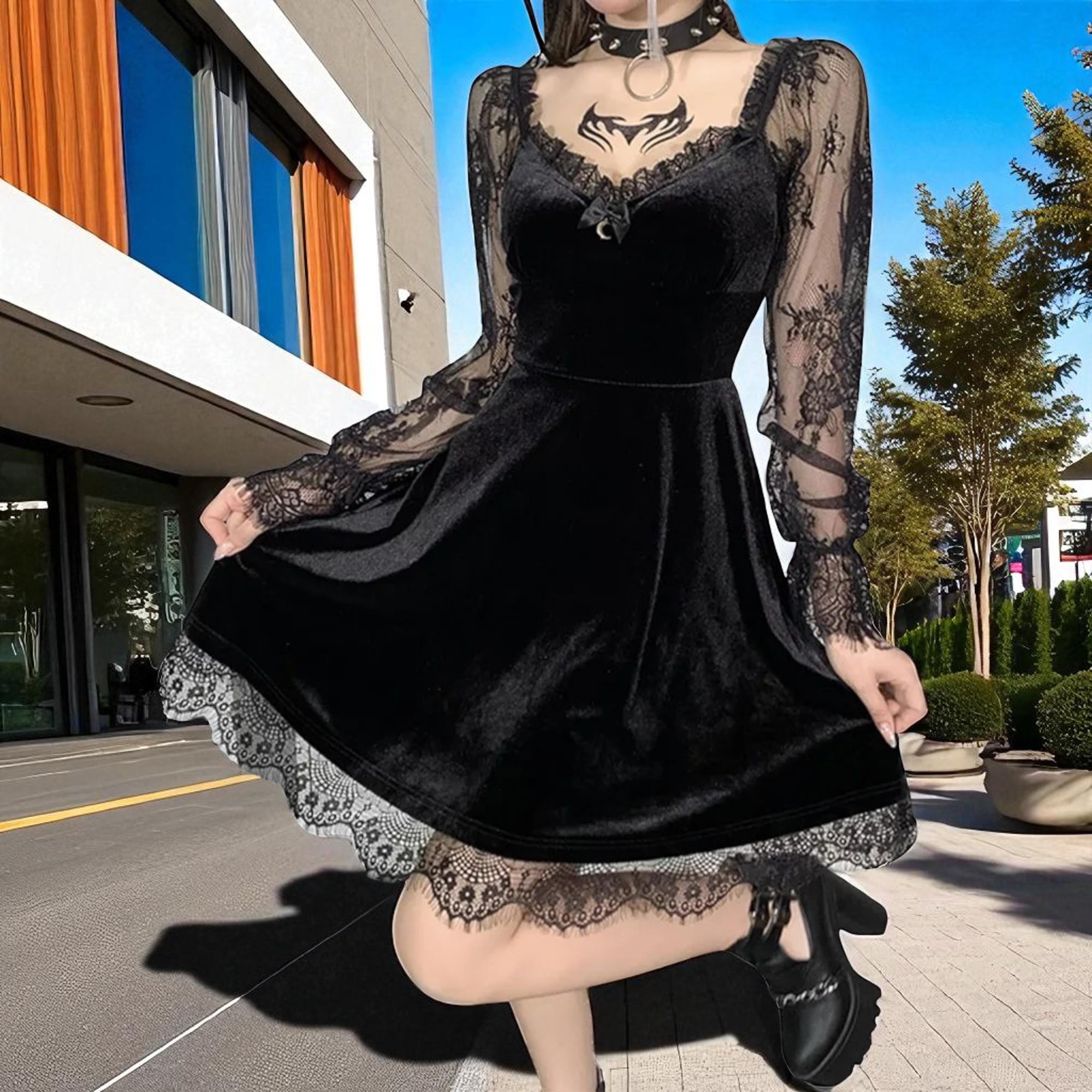 a line goth dress Women's Gothic A-line Dress| Dark Floral Lace Dress | Elegant Emo Partywear  | Victorian Grunge Clothing | Black Ruched Halloween Outfit