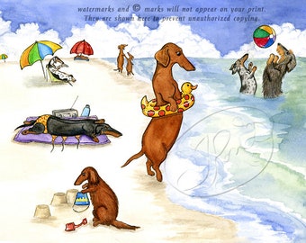 Dachshund Beachy Decor. Funny Dog Art Print/Poster of Wiener Dogs playing at the Ocean. Anthropomorphic dogs by Terry Pond
