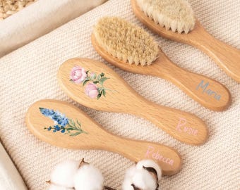 Personalized Birth Flower Baby Brush Set, Custom Floral Wooden Brush, 1st Birthday Gift, New Baby Gift Set, Baby Shower Gift Wooden Brush