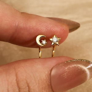 Moon & Star Hugging Hoop Earrings • Sterling Silver Open Huggie • Dainty Celestial Earrings • Minimalist Everyday Hoops • Gift for Her
