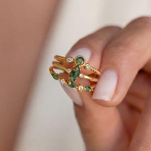 Moss Agate Stacking Rings Set, Minimal Adjustable Gold Rings, Natural Stone Dainty Jewellery, Elegant Everyday Jewellery, Gift for Her