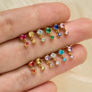 Tiny Birthstone Dangle Flatback Stud Earrings • Tiny Drop Stud • 18G Cartilage Stud • Tragus Helix Conch Stud • Birthday Gift • Gife For Her