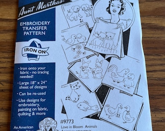 Vintage Aunt Martha’s Embroidery Transfer Pattern Iron On #9773 Love In Bloom Animals