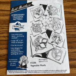 May include: An Aunt Martha's embroidery transfer pattern featuring vegetable motifs. The sheet is 18" x 24" and includes designs for embroidery, painting, and quilting. Each design is approximately 5" x 5". The package includes the text "Iron On" and "Vegetable Motifs".