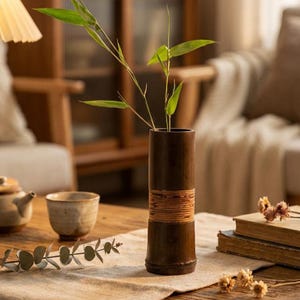 Handmade Bamboo Vase – Rustic Hydroponic Flower Holder, Zen Desk Pen Cup, Minimalist Wooden Tea Room Decor, 15 cm