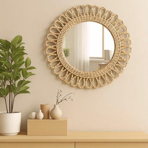 Boho rotan wandspiegel – natuurlijke geweven ronde spiegel voor woonkamer, slaapkamer, hal – rustieke en Scandinavische woondecoratie