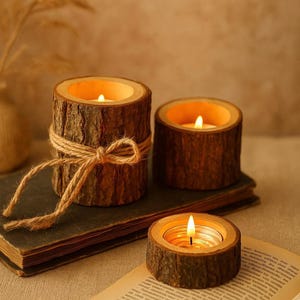 Puede incluir: Tres candelabros de madera con velas encendidas. Los soportes están hechos de secciones de troncos de árboles, con un exterior de corteza natural. Un soporte está envuelto con hilo. Las velas emiten un brillo cálido y acogedor.