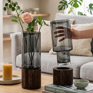 May include: A modern vase with a dark gray glass cylinder top and a dark wood base. The vase holds a pink rose and green leaves. Another vase is being held up, and a wooden base is next to it.