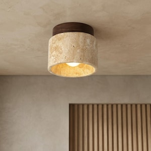 Japanese Style LED Ceiling Light, Travertine & Wood Flush Mount Lamp, Wabi Sabi Ceiling Fixture for Hallway Living Room