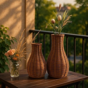 Könnte beinhalten: Zwei braune, gewebte Vasen in verschiedenen Größen, eine mit weißen und grünen Blumen und hohem Gras. Links steht ein kleines Glasgefäß mit orangefarbenen Rosen und Grünzeug. Die Vasen und das Glas stehen auf einem dunkelbraunen Holztisch mit grünem Hintergrund.