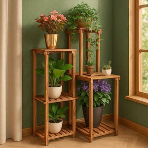 Peut inclure: Plusieurs présentoirs à plantes en bois de différentes hauteurs, chacun accueillant des plantes en pot. Les plantes comprennent des variétés fleuries dans des pots dorés et noirs, et des plantes vertes à feuilles dans des pots blancs. Les présentoirs sont en bois brun clair.