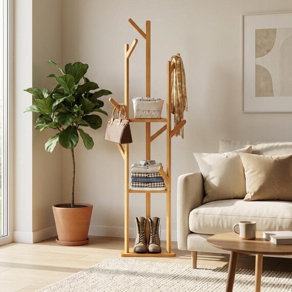 Bamboo Coat Rack Tree with 10 Hooks & Storage Shelves, Wooden Hallway Corner Coat Stand Organizer for Entryway Bedroom