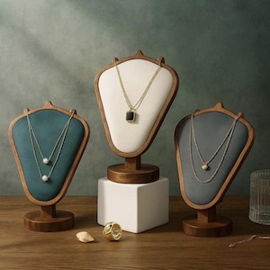 Wooden Necklace Display Stand, Faux Leather Jewelry Holder, Rustic Countertop Jewelry Bust for Retail & Home