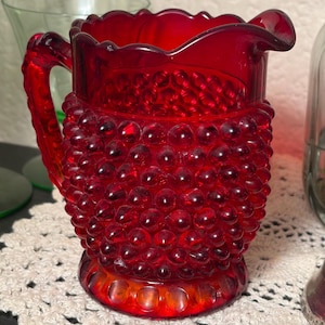 Vintage Fenton Ruby Red Hobnail Glass Creamer - Orange UV Glow Possible Cadmium Glass - Glow Glass
