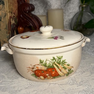 Cazuela vintage para horno y mesa con tapa - Diseño de verduras - Utensilios de cerámica para hornear
