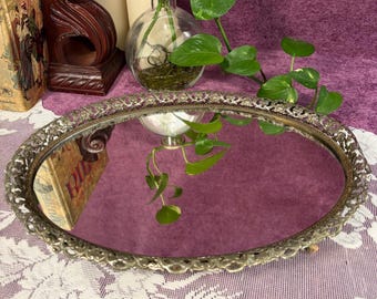 Vintage Oval Vanity Mirror Tray With Ornate Filigree Frame