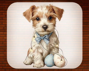 Transferencia DTF de perro de Pascua, camiseta de mamá perruna caprichosa con cachorro y huevos lista para planchar.