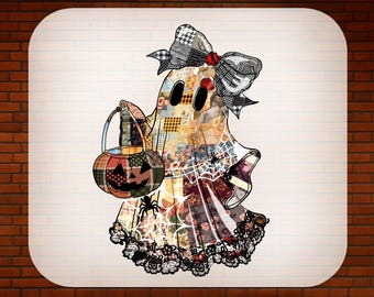 May include: A Halloween-themed DTF transfer featuring a ghost with a patchwork design, holding a pumpkin-shaped basket. The ghost has a large bow and is decorated with spiders and spiderwebs. The text "READY TO PRESS" and "DTF TRANSFER" are displayed.