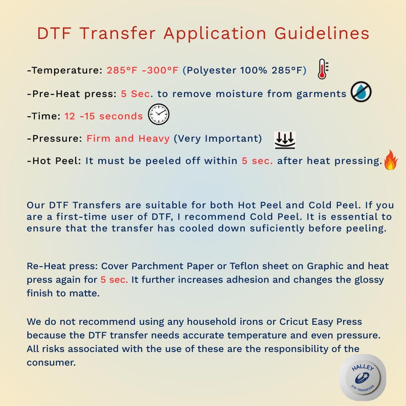 Puede incluir: Una hoja informativa beige titulada "DTF Transfer Application Guidelines" con instrucciones para aplicaciones de transferencia t&eacute;rmica. Incluye detalles de temperatura, tiempo y presi&oacute;n, junto con advertencias y recomendaciones de uso.