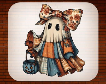 May include: A whimsical ghost illustration with a patchwork design, wearing a floral bow and holding a pumpkin-shaped basket. The image includes the text "READY TO PRESS" and "DTF TRANSFER".
