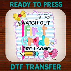 Coquette First Grade Back to School DTF Transfer, First Day of School Ready to Press, Bulk Dtf, DTF Gang Sheet School Heat Transfer