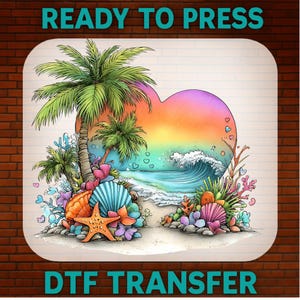 May include: A DTF transfer sheet featuring a heart-shaped design with a tropical beach scene, palm trees, a crashing ocean wave, seashells, and a starfish. The text READY TO PRESS and DTF TRANSFER is printed in teal at the top and bottom.