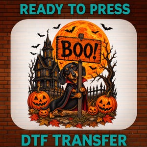 Peut inclure: Un transfert DTF représentant un teckel portant une cape de vampire, devant une maison hantée, une grande lune orange et des citrouilles d'Halloween. Un panneau en bois au-dessus du chien indique BOO!. Texte READY TO PRESS et DTF TRANSFER.