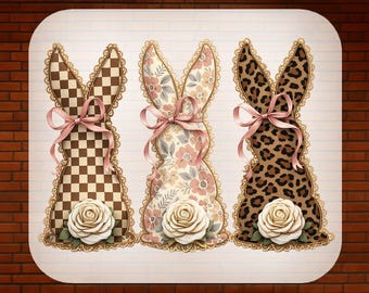 Transferencia DTF de conejito de Pascua vintage, trío de Pascua coqueta de leopardo floral a cuadros listo para prensar,