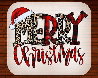 May include: A festive Christmas design with the words "MERRY CHRISTMAS" in a mix of leopard print and red plaid patterns. A Santa hat tops the letter "M". The words "READY TO PRESS" and "DTF TRANSFER" are also visible.