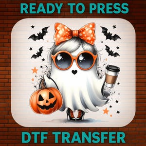 Cute Halloween Ghost with Pumpkin and Coffee  DTF Transfer, Halloween Ready To Press Dtf, Heat Transfer,  Halloween Print,