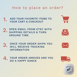 Puede incluir: Gr&aacute;fico con instrucciones sobre c&oacute;mo realizar un pedido. Los pasos incluyen agregar art&iacute;culos al carrito, pagar, abrir un correo electr&oacute;nico y recibir informaci&oacute;n de seguimiento. La imagen tambi&eacute;n incluye un logotipo de Halley DTF Transfers.