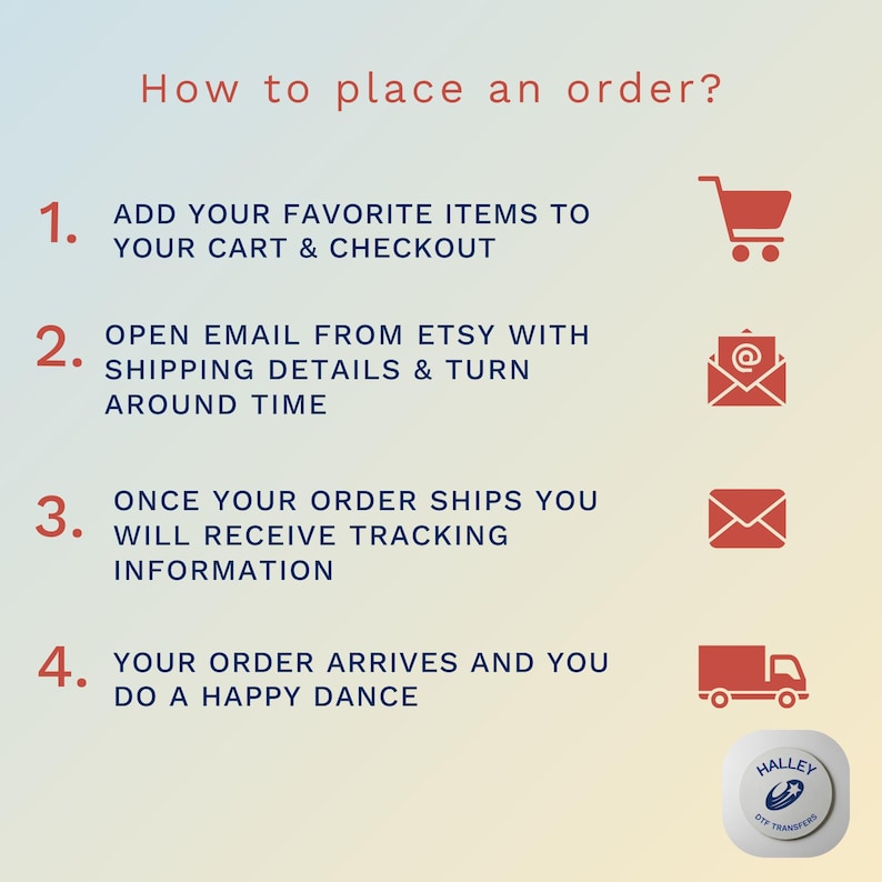Puede incluir: Gr&aacute;fico con instrucciones sobre c&oacute;mo realizar un pedido. Los pasos incluyen agregar art&iacute;culos al carrito, pagar, abrir un correo electr&oacute;nico y recibir informaci&oacute;n de seguimiento. La imagen tambi&eacute;n incluye un logotipo de Halley DTF Transfers.