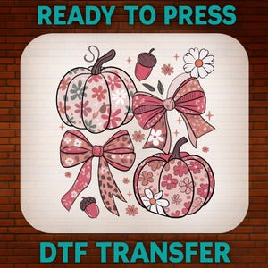 Preppy Floral Fall Pumpkin Bow DTF Transfer, Fall Pumpkin Ready To Press,Heat Transfer, Autumn Dtf Prints,Fall Autumn Design For,Fall Style,
