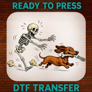 May include: A DTF transfer featuring a cartoon illustration of a skeleton chasing a brown dachshund that is running with a bone in its mouth. The text READY TO PRESS and DTF TRANSFER is printed in teal on a white background with rounded corners.