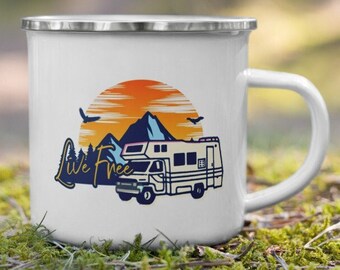 LIVE FREE RV Camper Life Hiking Coffee Enamel Mug