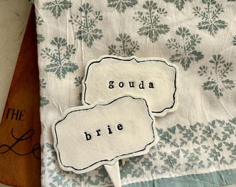 Handmade Ceramic Cheese Markers, Black White Labels, Charcuterie Board Decor