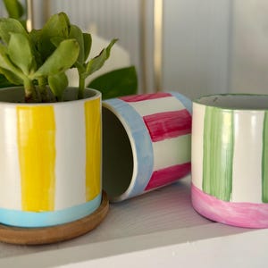 May include: Three ceramic planters with vertical stripes in yellow, pink, and green. One planter holds a green succulent plant. The planters have a white base color with stripes and colored rims. The planters sit on a white shelf.