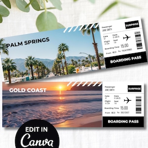 May include: Two boarding passes with travel destination images. One says "Palm Springs" with a photo of palm trees and mountains. The other says "Gold Coast" with a sunset beach scene. Both have "SURPRISE" and "BOARDING PASS" text.