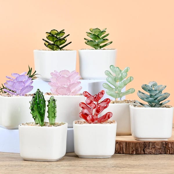 Fused Glass Cactus Pots Set | Miniature Stained Glass Succulents,  Father's Day gift