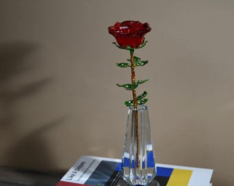 Rosa rossa in vetro soffiato / Fiore di cristallo inciso a mano come ricordo