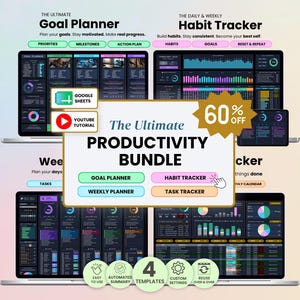 Può includere: Un pacchetto di produttività digitale che include quattro modelli: The Ultimate Goal Planner, Daily & Weekly Habit Tracker, Weekly Planner e Task Tracker. L'interfaccia mostra dashboard a tema scuro con grafici, diagrammi e barre di avanzamento colorati.