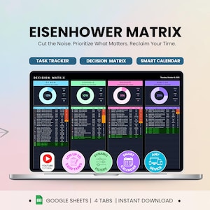 Może przedstawiać: Ekran laptopa wyświetla "Macierz Eisenhowera" do zarządzania czasem, z sekcjami do śledzenia zadań i podejmowania decyzji. Zawiera samouczek YouTube, dynamiczne filtry i może rejestrować do 3000 zadań. Projekt jest na gradientowym tle.