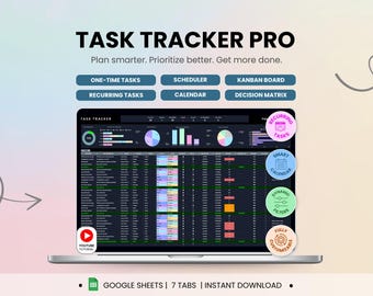 Rastreador de tareas Hoja de cálculo Modo oscuro Rastreador de prioridad de tareas Hojas de cálculo de Google Lista de tareas Matriz de Eisenhower Tablero Kanban Administrador de tareas de trabajo Calendario